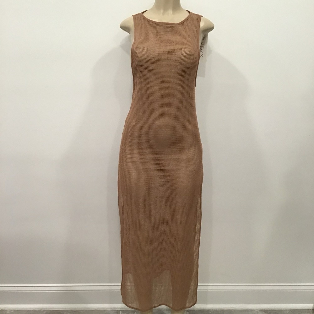Sndys Paradise Maxi Swim Beach Coverup Nude Brown Crochet Netted Sheer SZ XS NWT